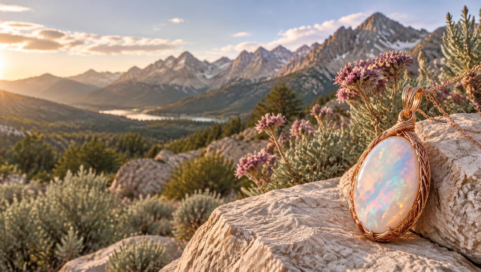 Rose-gold opal pendant overlooking a Mountain West landscape