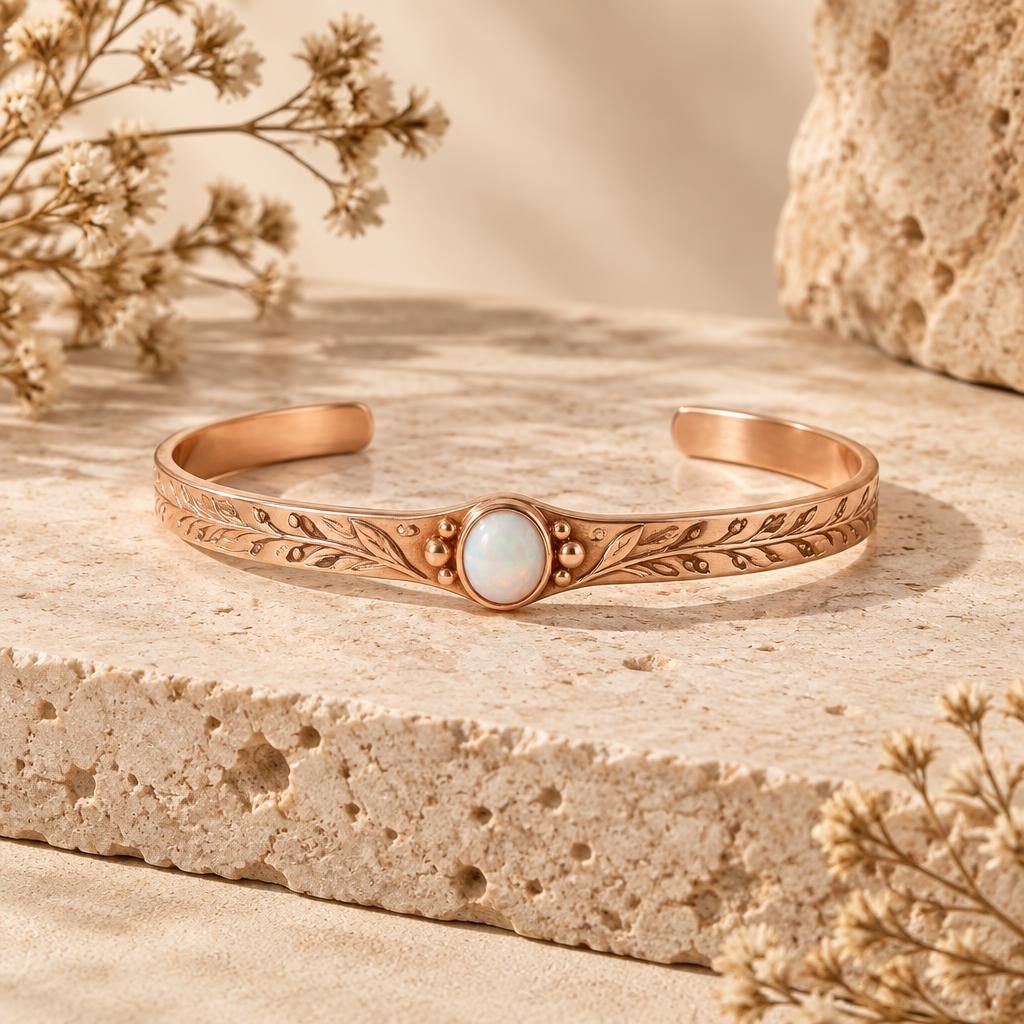 Rose-gold botanical cuff with a white opal